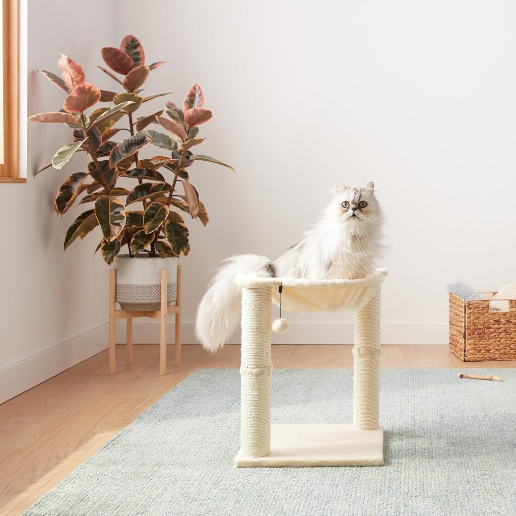 Amazon Basics Arbre à chat en forme de tour avec abri, lit hamac et griffoir - 41 x 51 x 41 cm, Beige