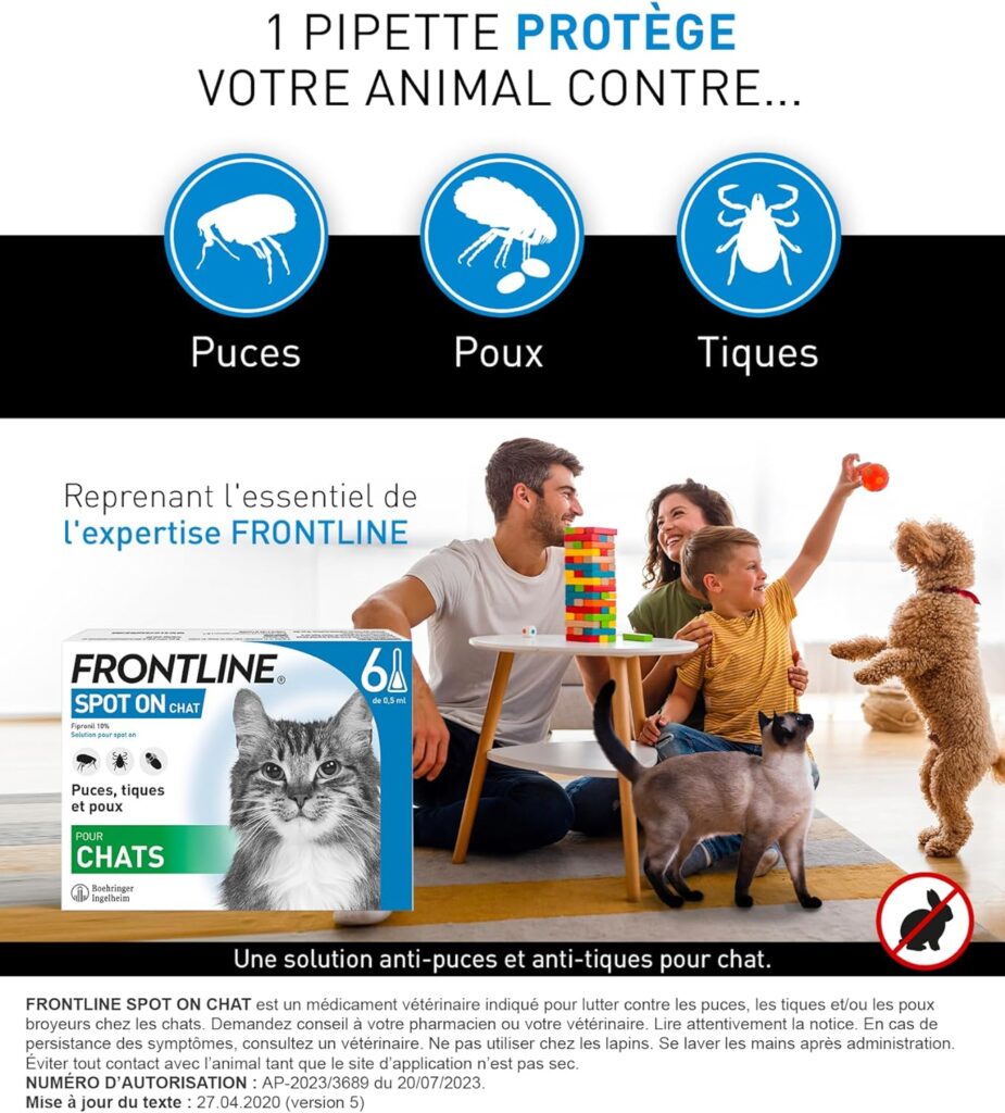 FRONTLINE Spot On Chat - Anti Puces, Tiques  Poux - Elimine Les Parasites - Protège LAnimal - Jusquà 4 Semaines - Fabriqué En France - 4 Pipettes Application Spot On