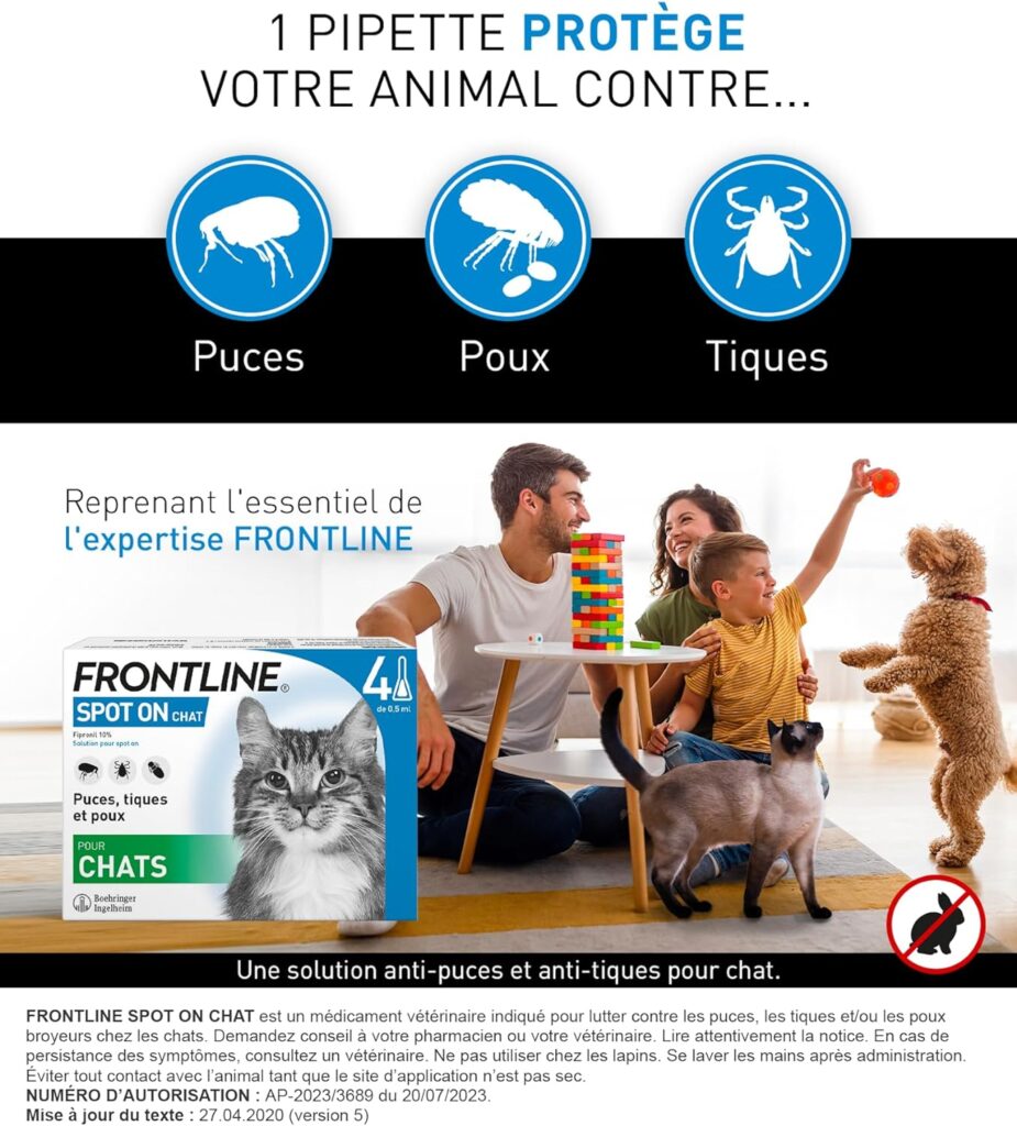 FRONTLINE Spot On Chat - Anti Puces, Tiques  Poux - Elimine Les Parasites - Protège LAnimal - Jusquà 4 Semaines - Fabriqué En France - 4 Pipettes Application Spot On
