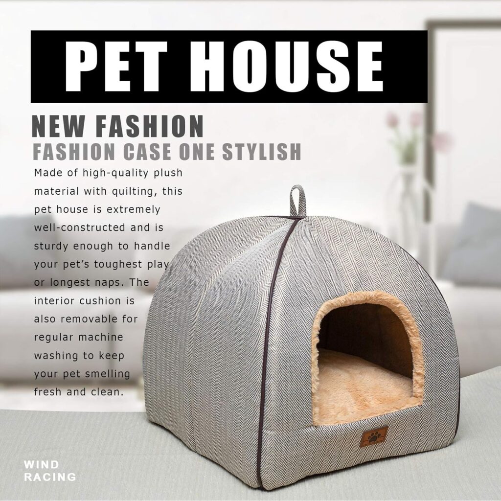 Lit niche pour chat d’intérieur avec coussin amovible lavable rembourré, lit doux et auto-chauffant pour chat