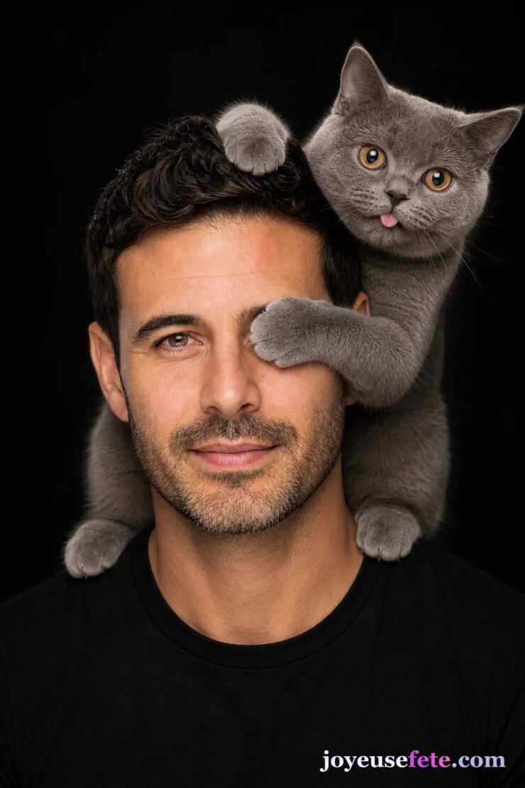 Design personnalisé : un chat perché sur les épaules de son maître