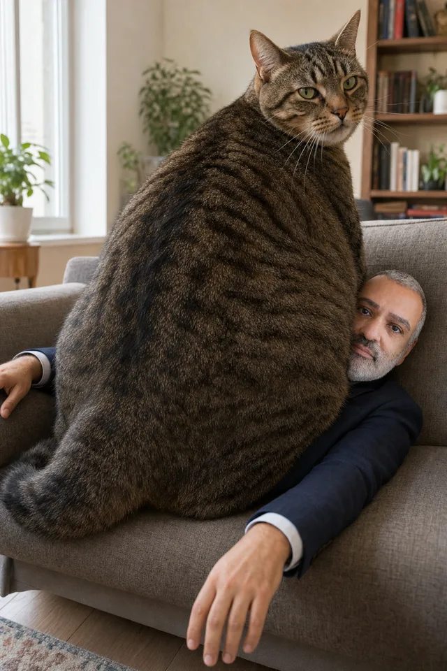 Design humoristique : un chat géant écrase gentiment son maître
