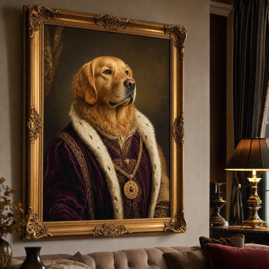 Portrait personnalisé d’un chien en roi, façon portrait de cour