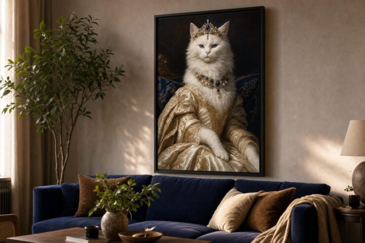 Portrait de chat personnalisé imprimé et encadré, accroché dans un salon